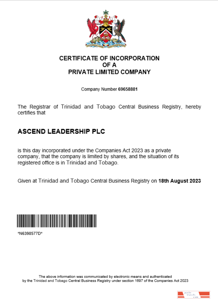 Trinidad and Tobago business registration certificate Word and PDF template